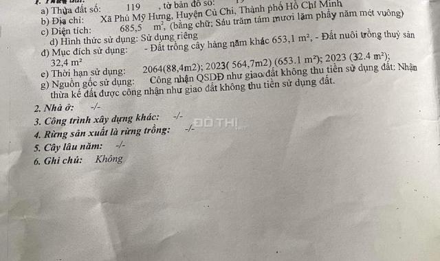 Bán lô đất MT đường nhựa Võ Thị Bàng 2 xe cont tránh nhau, dt 685,5m, có 60m thổ cư, xã Phú Mỹ Hưng