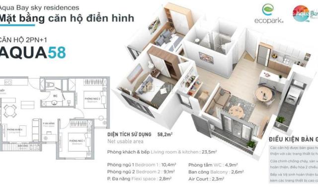 Bán căn hộ 58m2 (2PN 1VS) - ban công Đông Nam - Chung cư Aquabay Ecopark - Giá 1,870