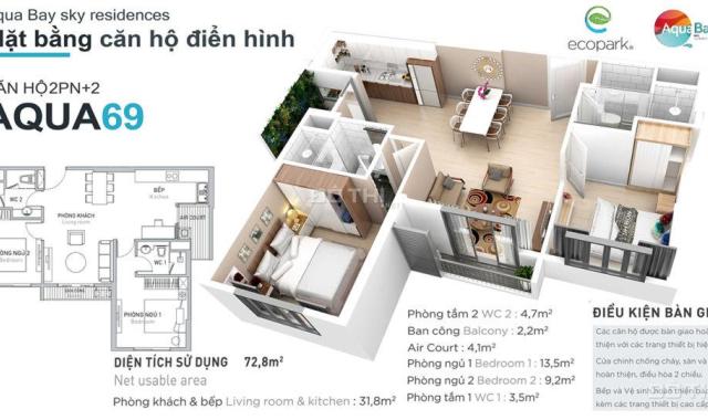 Bán căn hộ 70m2 , 2 ngủ - ban công Đông Nam - Chung cư Aqua Bay Ecopark - giá 2,740