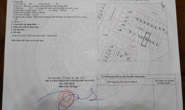 BÁN LK1-19 SAU CÂY XĂNG CAO XANH,P.CAO XANH. DT:67.5M2,MT:4.5M !!!