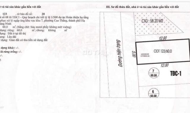 BÁN ĐẤT TĐC K7,8 CAO THẮNG,HẠ LONG. DT:60M2,MT:5M.H:ĐB+TB !!!