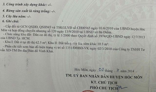 Đất Hóc Môn, lô đất hẻm 2 sẹc ngắn đường Hậu Lân, dt 72.8m, có 62.5m thổ cư, xã Bà Điểm.