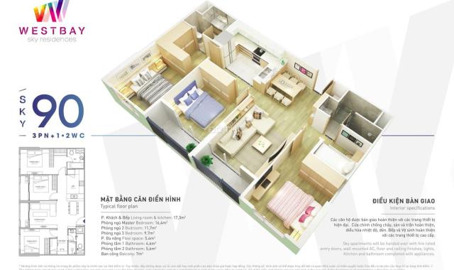 Bán căn hộ 90m2 sử dụng - 3 ngủ 2 vệ sinh - Chung cư West Bay , Khu đô thị Ecopark