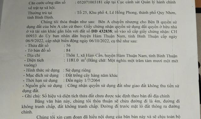 Bán đất gần Đường Tỉnh lộ 718, Xã Hàm Cần, Hàm Thuận Nam, Bình Thuận diện tích 1181m2 giá 125tr