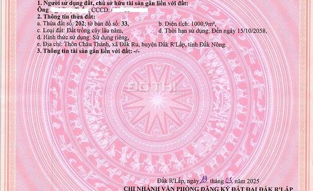 Bán gấp đất đẹp chính chủ tại Đắk Ru, Dăk R'Lấp, Đắk Nông, giá 490 triệu, diện tích 1000.9 m2