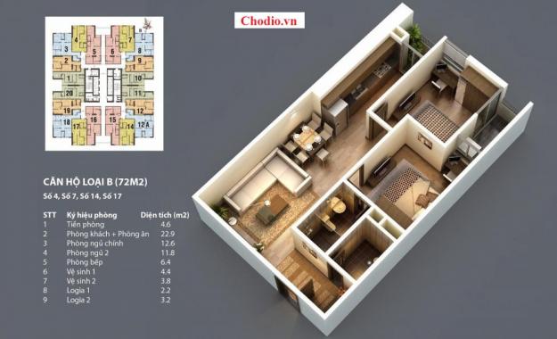 Bán căn hộ chung cư 75.5 m2, 2 phòng ngủ, 2 wc, khách liền bếp, dự án The Pride, Hà Đông, Hà Nội