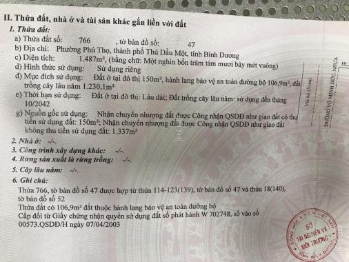 Bán đất mặt tiền đường Võ Minh Đức, P Phú Thọ, Thủ Dầu Một, Bình Dương. Diện tích 1500m2