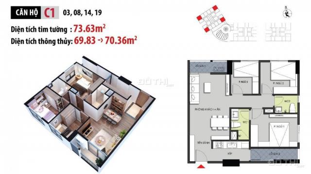 Bán căn 08, 14, diện tích 70m2, 3 PN, 2 VS, tầng đẹp dự án Hateco Apollo Xuân Phương, giá 1.45 tỷ