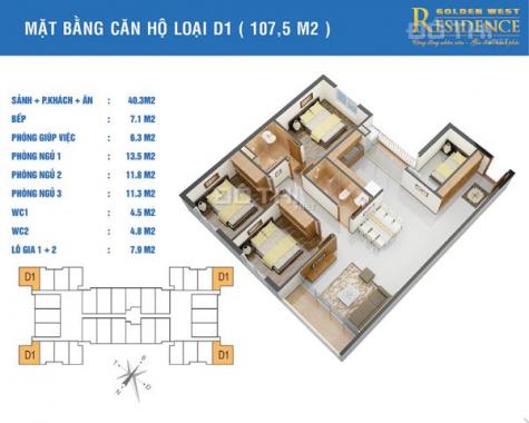 Bán gấp căn hộ chung cư Golden West, DT 107,5m2, 3 PN, 2 WC, giá 32,5 tr/m2. Đường Lê Văn Thiêm