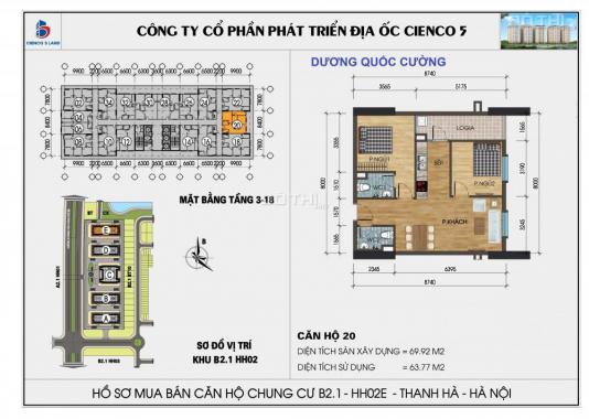 Cần bán chung cư Thanh Hà Cienco 5, DT 69.92m2, 2 phòng ngủ, view hồ, giá gốc 12 triệu/m2