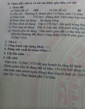 Bán đất thổ cư P8, Cà Mau, 9,3x30m, giá 2,6 tỷ