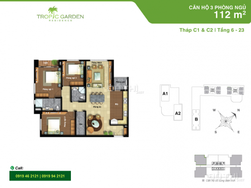 Căn hộ tầng cao 3PN 112m2 tại Tropic Garden tháp C1 cần cho thuê giá tốt