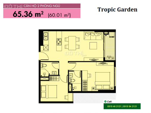 Căn hộ cần cho thuê 2PN kiến trúc hiện đại tại Tropic Garden block A1, DT 65.36m2