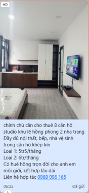 Chính chủ cần cho thuê 8 căn hộ studio khu Lê Hồng Phong 2 Nha Trang