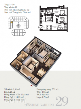 Chuyển nhượng căn 2PN+1 tại Sunshine Garden liền kề Times City