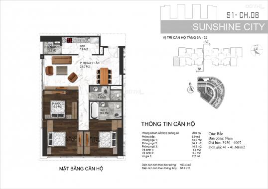 Bán căn 3PN DT 96,2m2 căn 08 tòa S1 chỉ với 3.59 tỷ full nội thất + VAT + KPBT tại Sunshine City