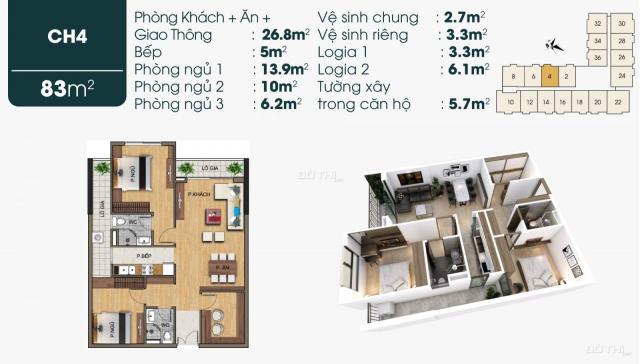 Bán căn 3PN DT 83m2 view Vinhome Riverside. Sắp nhận nhà, giá 26 tr/m2 có đồ, hỗ trợ trả góp 20 năm