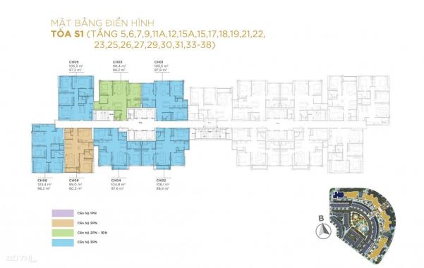 Căn hộ duy nhất 2 phòng ngủ, 2 vệ sinh tại tòa S1 dự án Sunshine City Ciputra