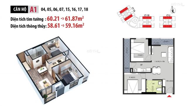 Bán gấp căn số 18 tòa CT1A, diện tích 58.7m2, 2PN, 1WC Hateco Apollo, giá 1.55 tỷ, LH: 0362685787