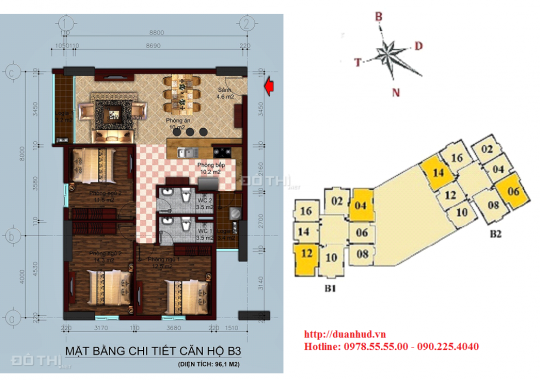 Bán căn 96,15m2 tòa B1 - B2 Tây Nam Linh Đàm, hướng Đông Nam, NT đẹp, sổ đỏ CC. LH: 0978.55.55.00