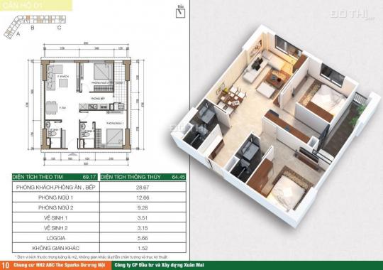 Bán căn 2 ngủ + 2 wc 65m2 full NT tòa ABC Xuân Mai The Sparks giá 1.23 tỷ bao tên. Lh 0982 511 503