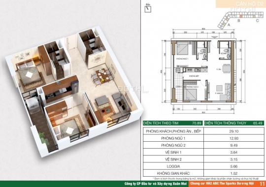 Bán cắt lỗ căn hộ 2 ngủ, S= 65 m2. Giá 1.2 tỷ, full đồ dự án HH2 Xuân Mai Complex Dương Nội