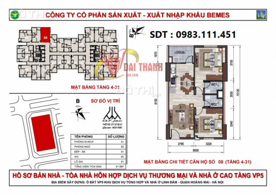 Bán căn hộ 61,5m2, full nội thất cao cấp, ban công Đông Nam, tầng 21. LH: 0983111451