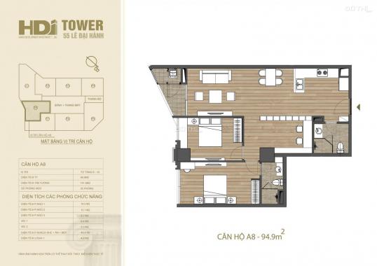 HDI Tower, 55 Lê Đại Hành, căn 2 phòng ngủ 95m2, hướng Đông Nam, giá bán 7.9 tỷ, đủ đồ ngoại nhập