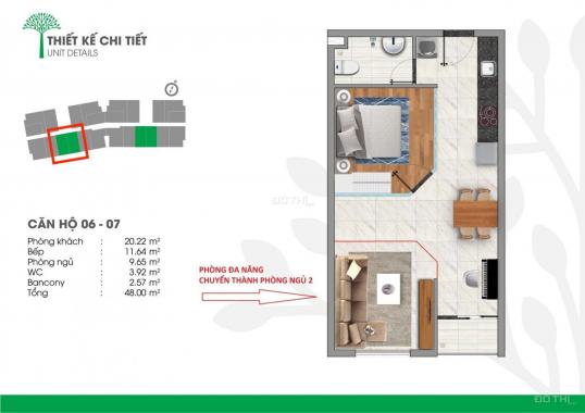 Rổ hàng căn 48m2 thiết kế 1PN + 1 p. Đa năng, BC Đông Nam view sông Sài Gòn. LH 0943910909