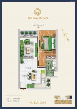 CC BRG Grand Plaza bán căn góc 1PN/54,28m2, BC Đông Bắc, phù hợp đầu tư cho thuê hoặc GĐ trẻ, CK 6%