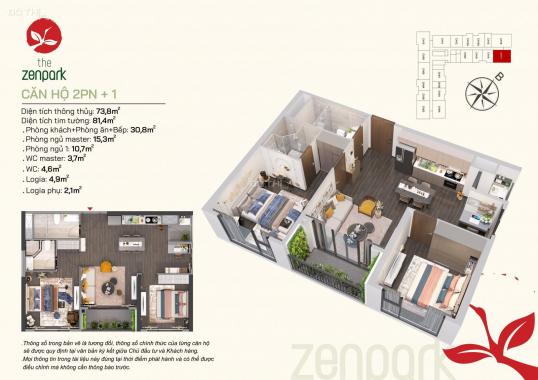 Căn hộ 2PN + 1 73.4m2 thiết kế đẹp view thoáng vốn chỉ 570tr nhận nhà, miễn lãi 4.2023 the Zen Park