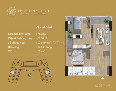 Suất ngoại giao căn hộ Tecco Diamond 69,6m2 giá 1.816 tỷ, 2PN, 2 vs, cạnh trường Ngô Sĩ Kiện