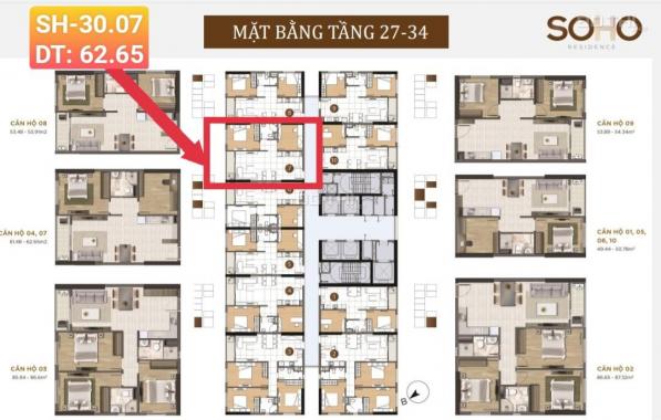 Bán căn hộ 2PN Soho Residence 62m2, Đông Bắc giá tốt, vào ở ngay