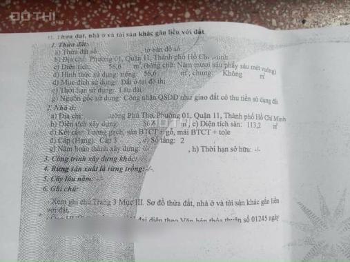 Nhà chính chủ - hẻm 6m Phú Thọ P1 Q11 gần chợ Bình Thới, 56,6m2 shr 7,1 tỷ hướng Nam