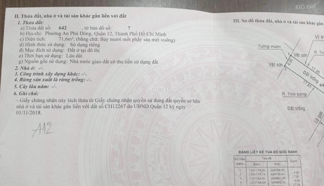 Bán lô đất đường nhựa 12m ngay An Phú Đông 27, Q12, DT: 4 x 18m (full thổ 72m2), giá 3,62 tỷ