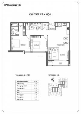 Căn hộ 3 phòng ngủ, căn góc thiết kế đẹp, 120m2, ban công Đông Nam, HPC Landmark 105