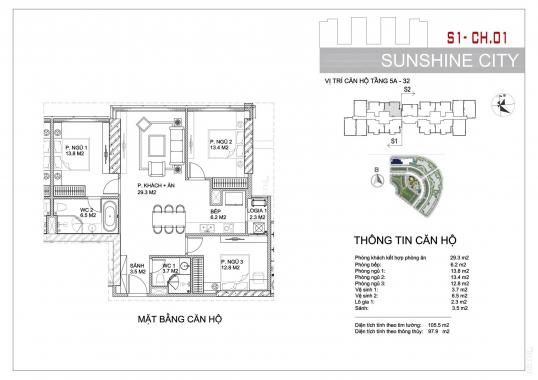 Bán căn hộ 3PN Sunshine City, full nội thất cao cấp, nhận nhà ngay, giá từ 4,6 tỷ. LH 0983650098