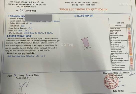 BÁN 60M2 Đất quy hoach đất ở  giá rẻ xã phú hưng tp bến tre