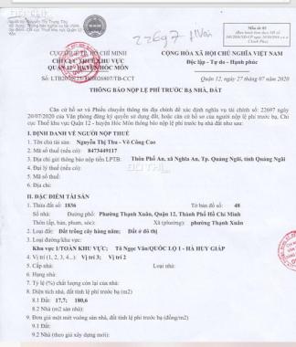 CẦN BÁN NHANH LÔ ĐẤT 2 MẶT TIỀN TRƯỚC SAU TẠI PHƯỜNG THẠNH XUÂN, QUẬN 12, TP. HỒ CHÍ MINH.