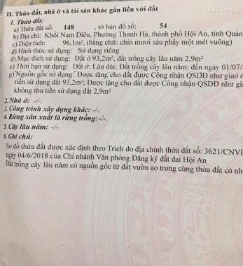 Giá sốc: Cần bán gấp lô đất 96m2; kiệt đường Duy Tân - P.Thanh Hà - TP.Hội An.