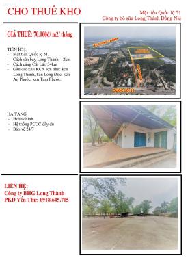 Cho thuê kho KCN An Phước mặt tiền Quốc Lộ 51 huyện Long Thành tỉnh Đồng Nai 2.000m2