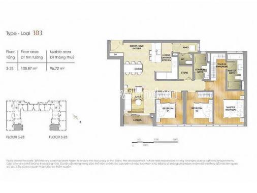 Căn hộ cao cấp cho thuê tại The Marq Quận 1 có diện tích 108.87m2, kiến trúc gồm 3 phòng ngủ