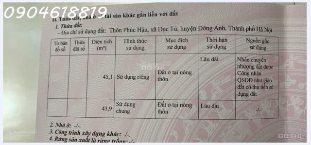 Gia chủ cần bán lô đất diện tích 45.1m2 tại Phúc Hậu, Dục Tú, Đông Anh