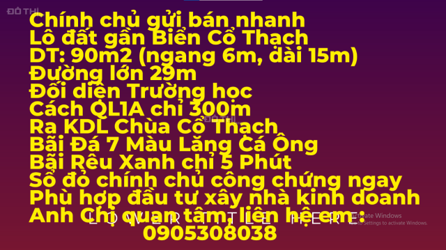 BÁN ĐẤT VEN MẶT BIỂN BÌNH THUẬN 969 TRIỆU 90M2 HUYỆN TUY PHONG VPĐD 76 QUANG TRUNG NHA TRANG BẢO