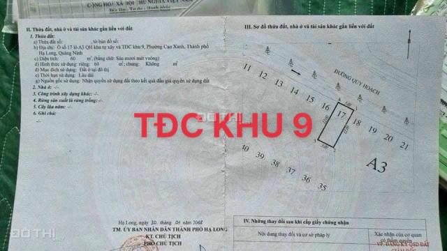 BÁN LÔ A3-17 KHU 9 CAO XANH,BỜ MƯƠNG HÀ KHÁNH A.DT:60M2,MT:5M !!!