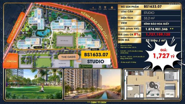 Bán căn studio Vinhomes Grand Park, Quận 9, HCM, DT 33.2m2 giá 1.727 tỷ, nhận nhà cho thuê ngay.