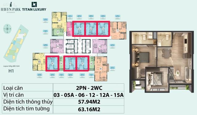 Bán căn hộ 2 ngủ 2 vệ sinh , 58m2 sử dụng , hướng mát - chung cư Haven Park , KĐT Ecopark