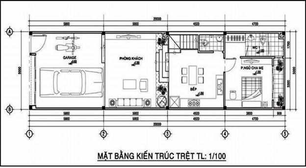 Phương án thiết kế nhà ống 2 tầng trên mảnh đất 5x18,5m