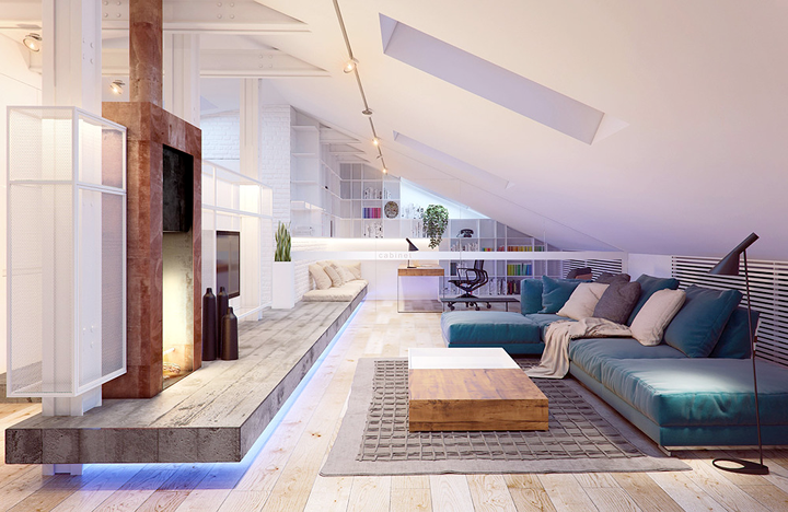 Phòng khách và phòng ngủ trong căn hộ tầng áp mái được phân chia một cách tương đối bằng một tấm gỗ nổi.