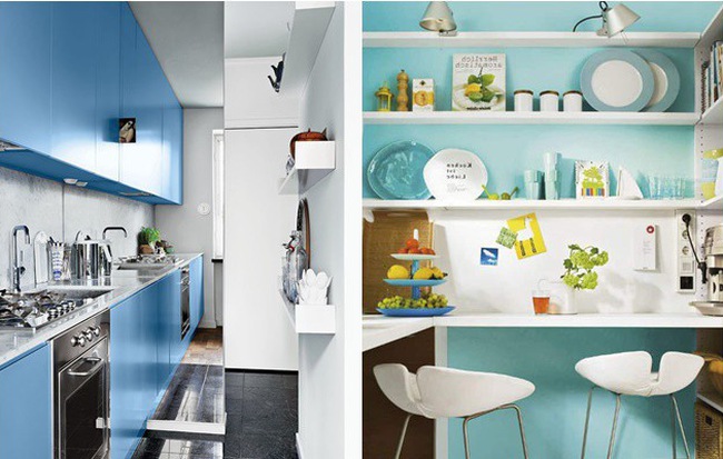 Phòng bếp nhỏ tiện nghi, thoáng đẹp với tông màu xanh nhạt chủ đạo
